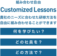 Customized Lessons　貴社のニーズに合わせた研修方法を自由に組み合わせることができます「何を学びたい？」「どの社員を？」「どの方法へ？」